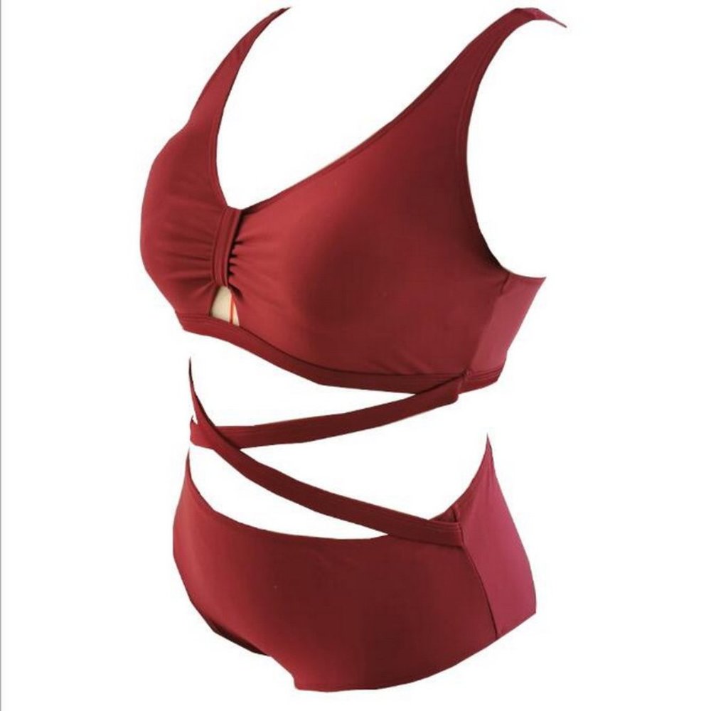 Red 2 Pieces Cross Bandage Hipster Bottom - Picture 4 of 5